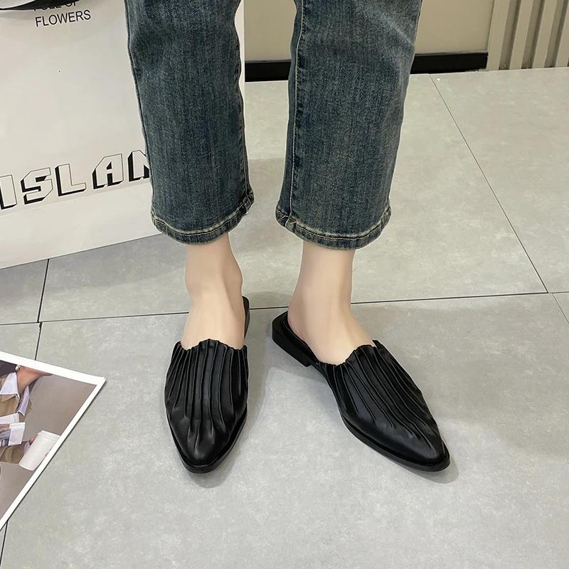 Fashion Baotou Semi-slippers Women's Spring and Summer New Versatile Small Pleated Square Toe Flat Bottom Baotou Slip-on Shoes