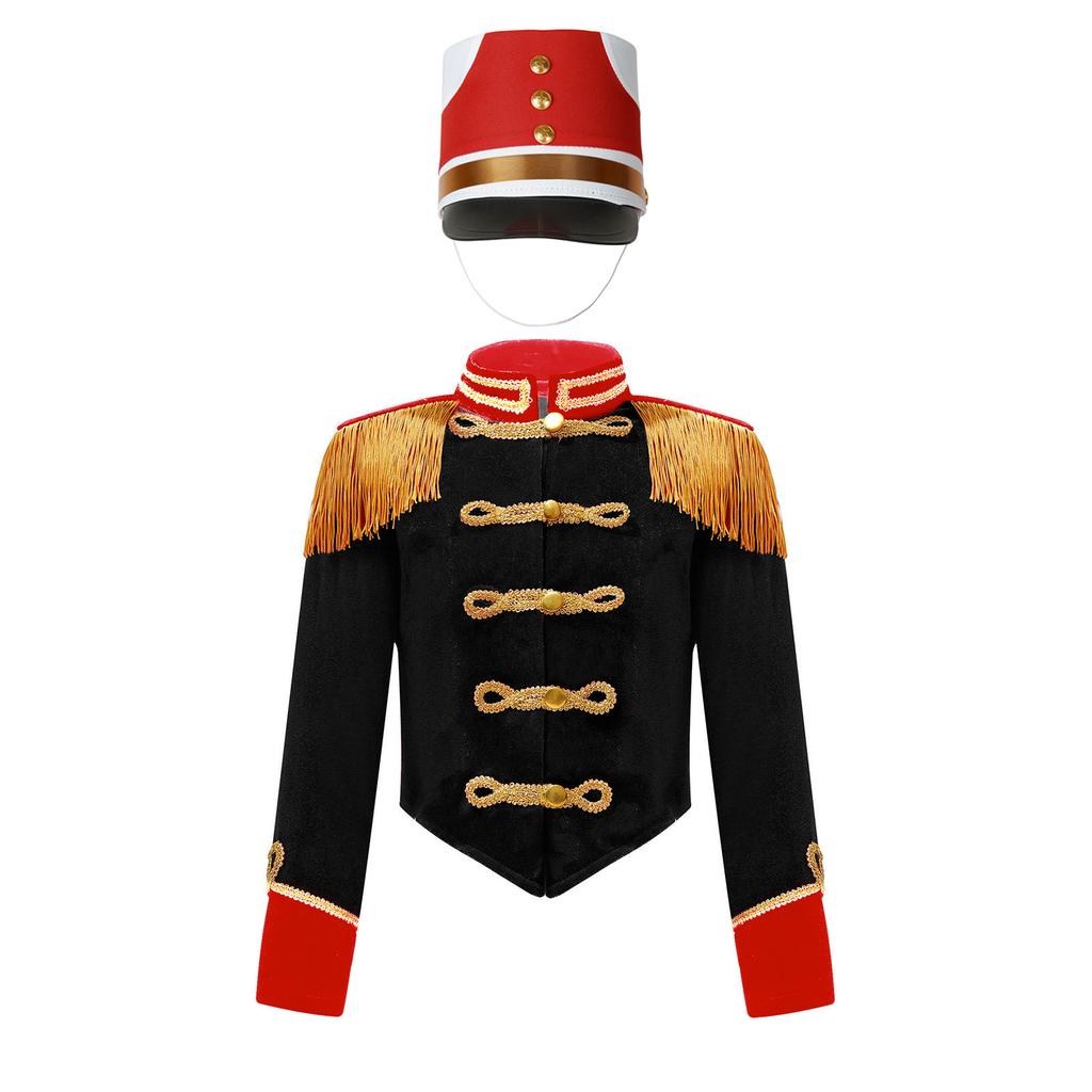 Boys Girls Drum Major Team Uniform Nutcrackers Costume Set Marching Band Tassel Jacket Coat Hat Outfits for Drummer Performance