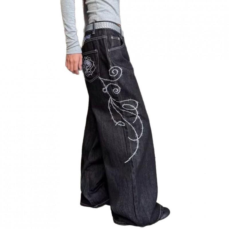 Black Rose Embroidered Wide Leg Relaxed Fit Denim Pants Men 2026 Fall Streetwear Casual Trousers