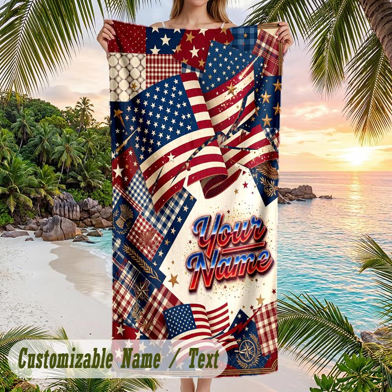 American Patriotic Theme Beach Towel Personalized Custom Name & Text Soft Quick Dry Beach Towel for Swimming Travel