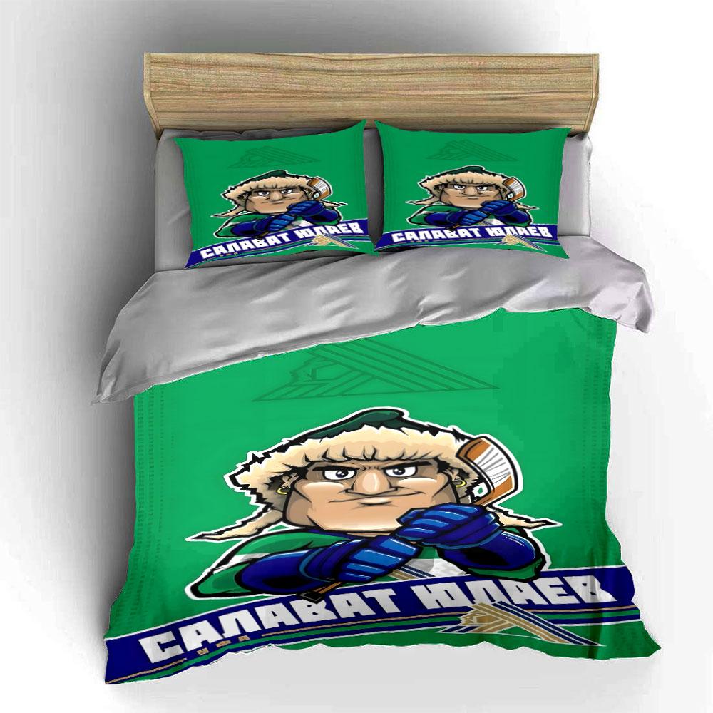 Cartoon Hockey Player with Green Background Print Bedding Set Duvet Cover Pillowcases (1* Duvet Cover 2* Pillowcases Do Not Include Comforter)