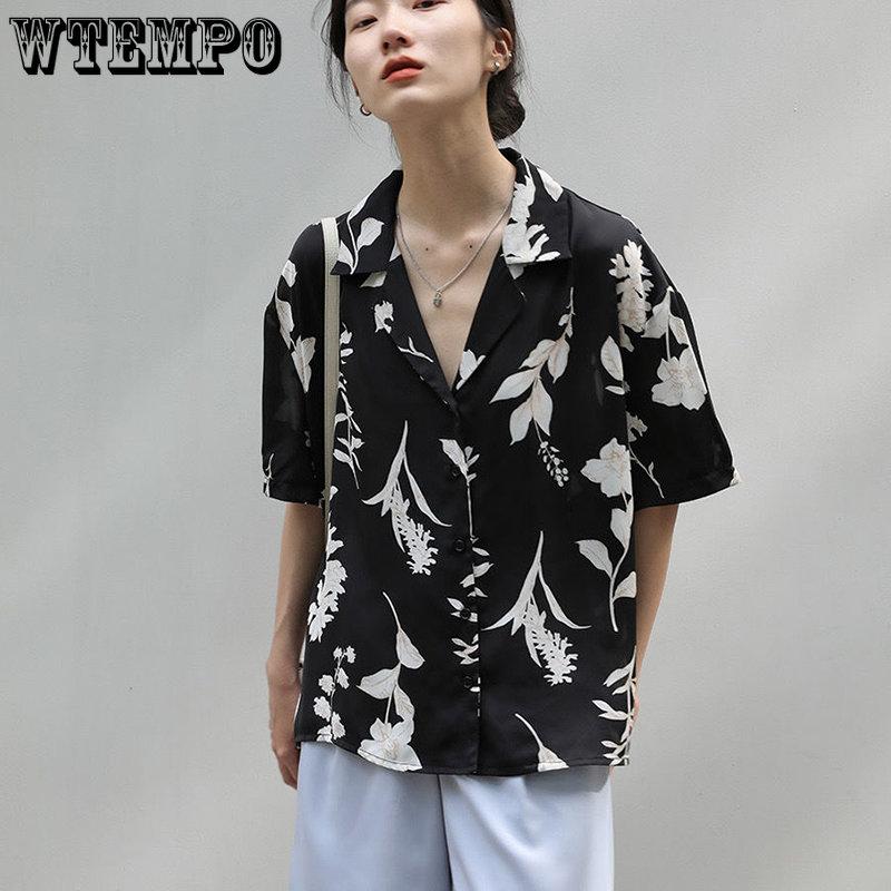 WTEMPO Уличная одежда Harajuku, винтажные шикарные футболки с короткими рукавами и принтом, женские повседневные свободные блузки с отложным воротником, летние рубашки