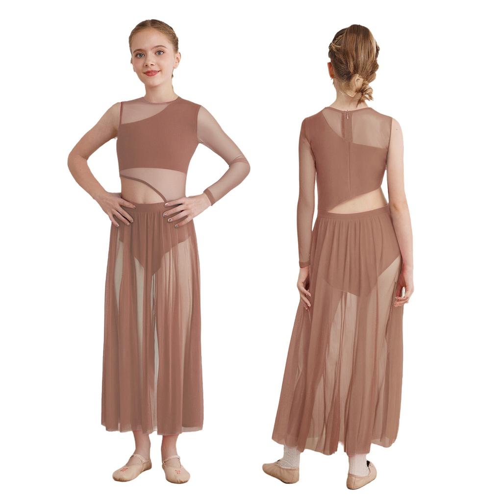 Современное лирическое танцевальное платье для девочек с вырезами по бокам, пэчворком, разрезом и асимметричным дизайном из прозрачной сетки