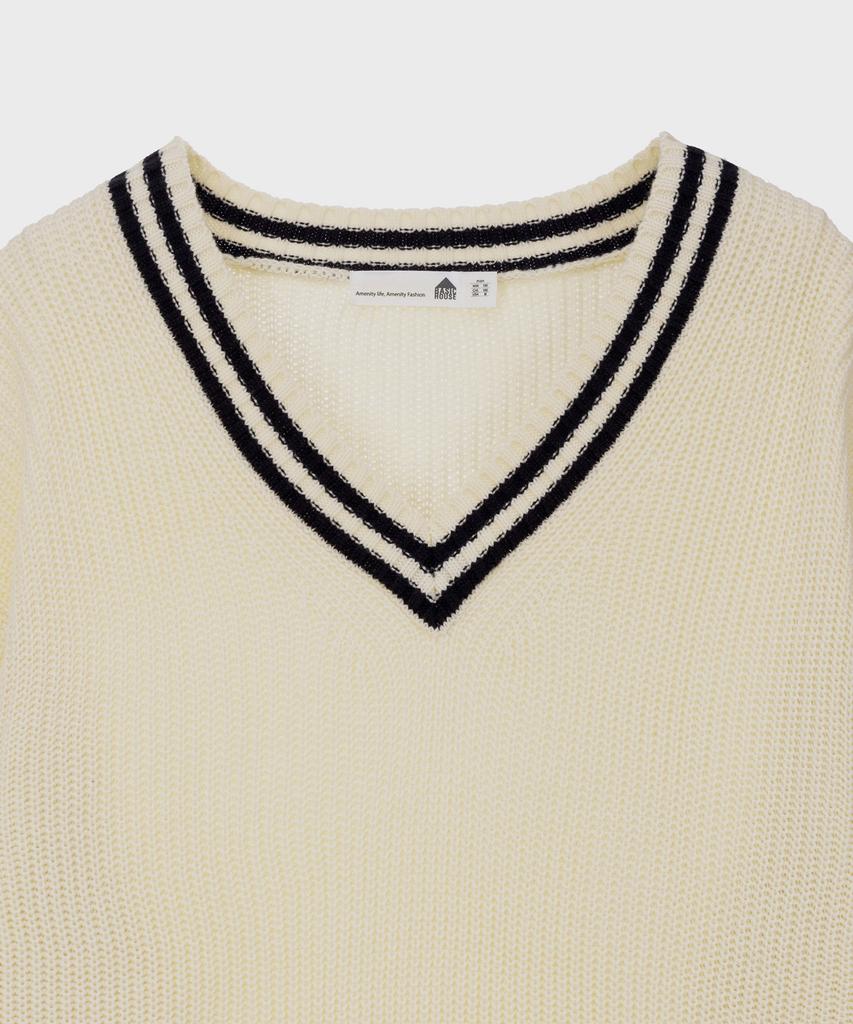 BASIC HOUSE Uni V-Neck Contrast Knit Ivory Lxkt2102