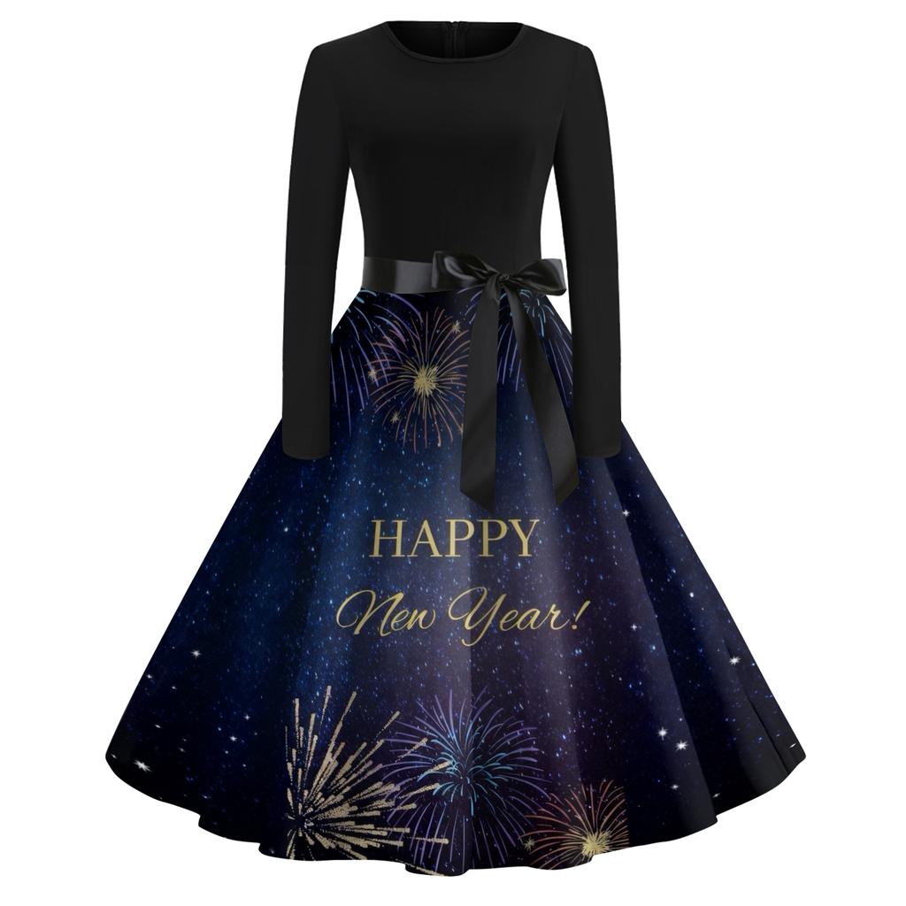Женское повседневное модное платье с круглым вырезом и длинным рукавом с новогодним принтом в ретро-стиле