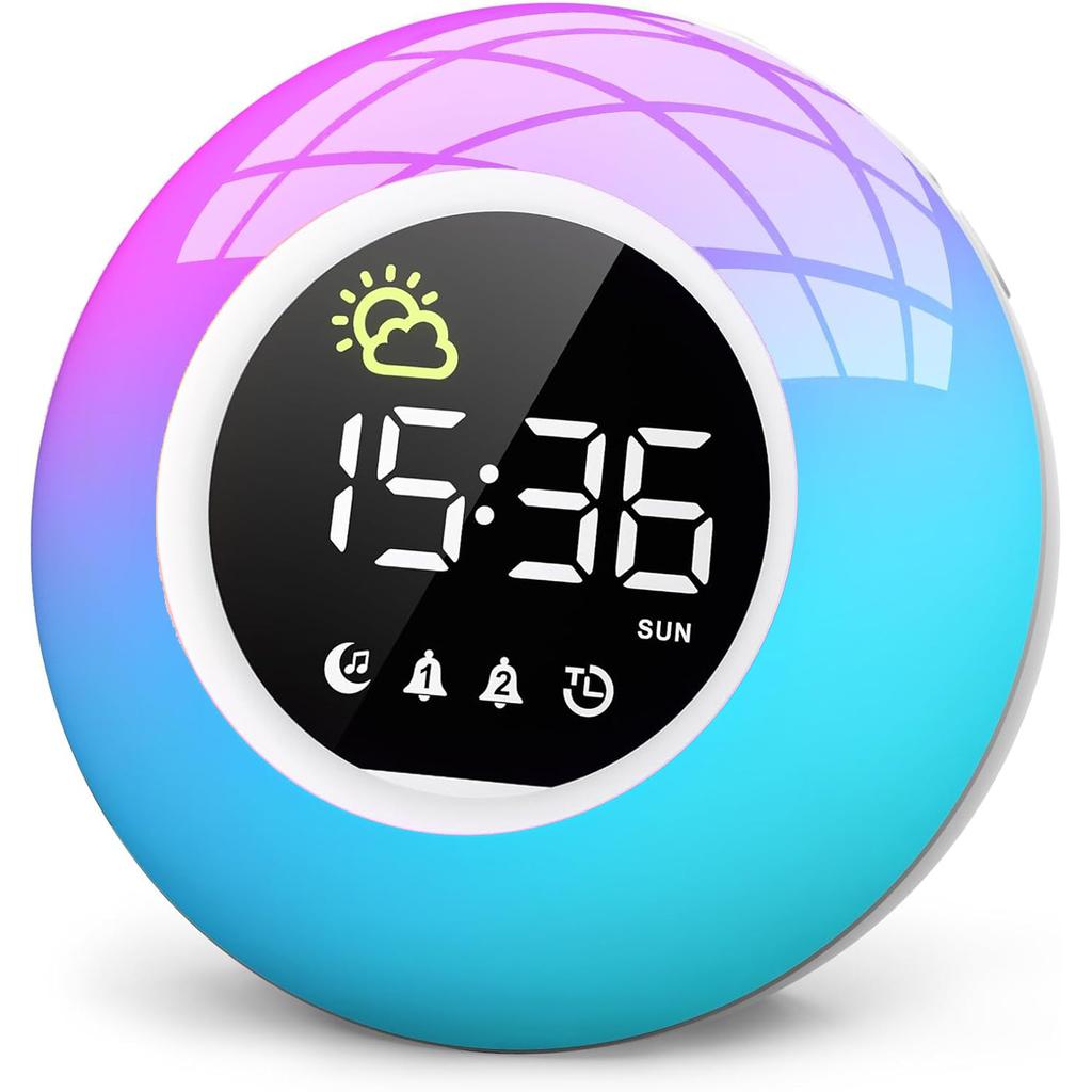 USB Operated Digital Alarm Clock Wake UP Lights Children's Alarm Clock with RGB Dimmer Night Light 12 White Noise Snooze Timer2