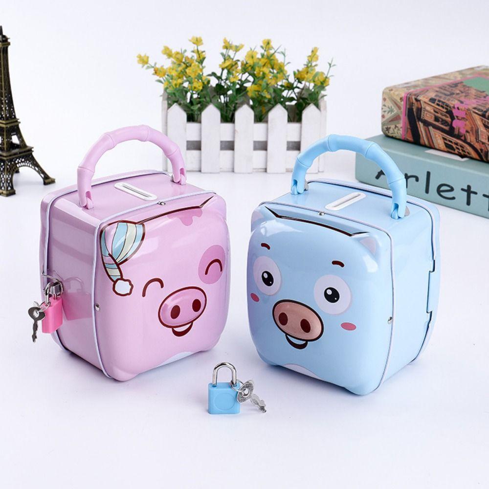 Pig Shape Money Saving Box Tinplate Coins Storage Box Handheld Piggy Bank  For Children Gift