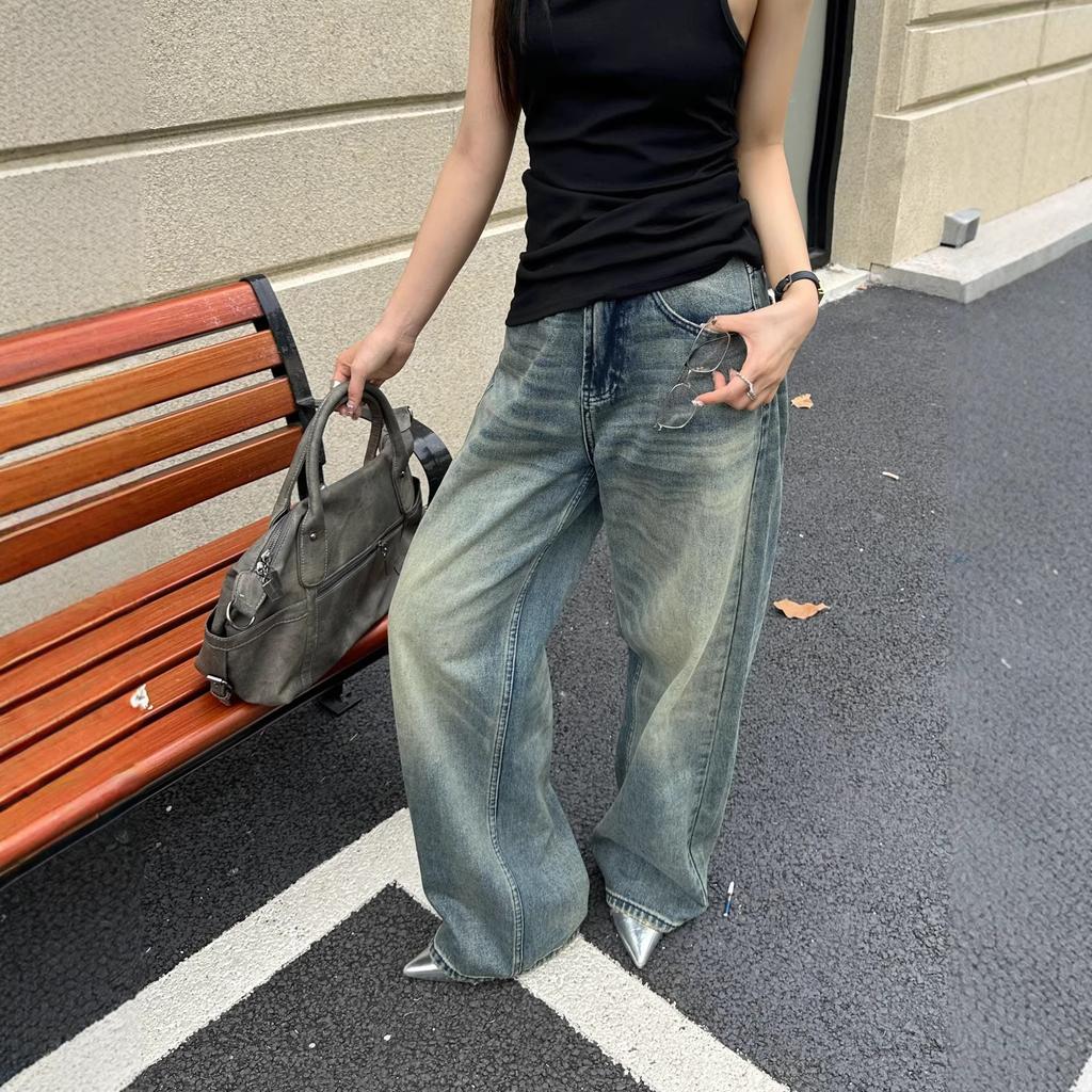 American retro washed blue straight jeans men's and women's three-dimensional cat whiskers are thin and trendy loose wide-leg casual pants