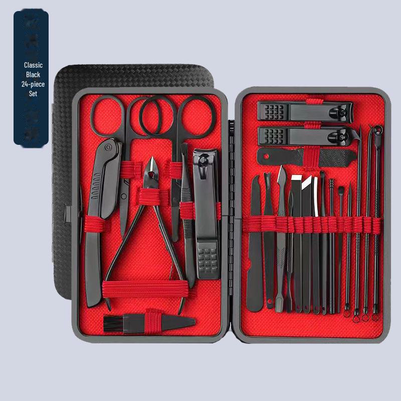 Набор из 24 предметов из черной нержавеющей стали для ухода за ногтями и грумингом