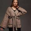 Knit Cardigan With Tie Front Loose Fit Colorblock Mid-Length Sweater Women 2025