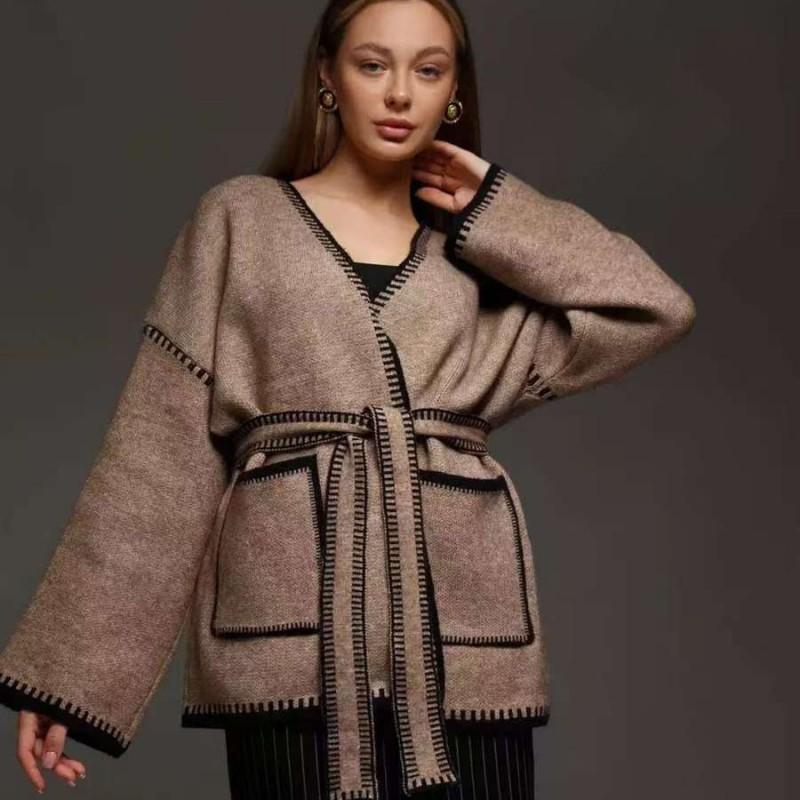 Knit Cardigan With Tie Front Loose Fit Colorblock Mid-Length Sweater Women 2025