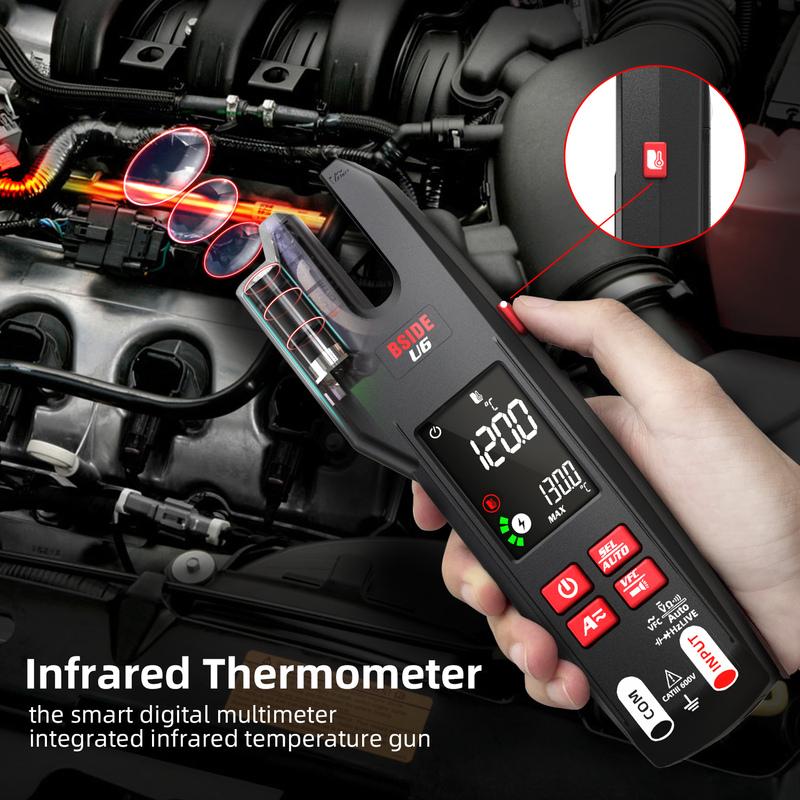 BSIDE DC AC Clamp Meter Electrical Amp Tester Open Jaw Ammeter, Infrared Thermometer with Smart Mode, 9999 Counts Multimeter VFC
