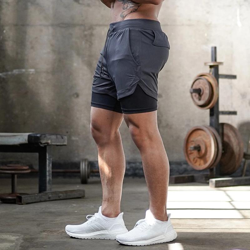 Мужские двухслойные шорты для бега, мужские короткие брюки 2 в 1, спортивные шорты для фитнеса, быстросохнущие пляжные шорты-бермуды со встроенным карманом