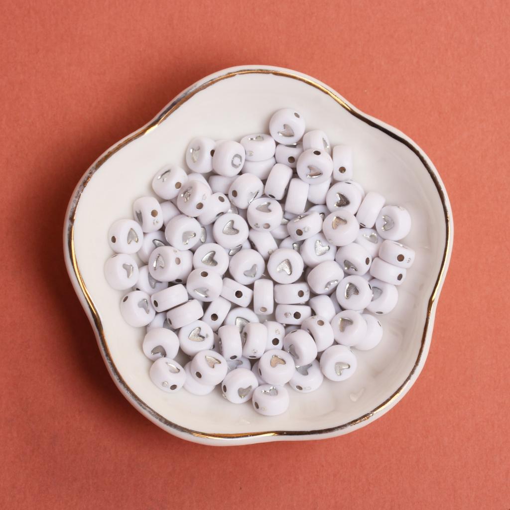 50Pcs Acrylic Keychain Loose Beads Jewelry Making Necklace 6.5mm Flat Round Bracelet DIY Materials Earrings Fashion Spacer Accessories Heart Pattern