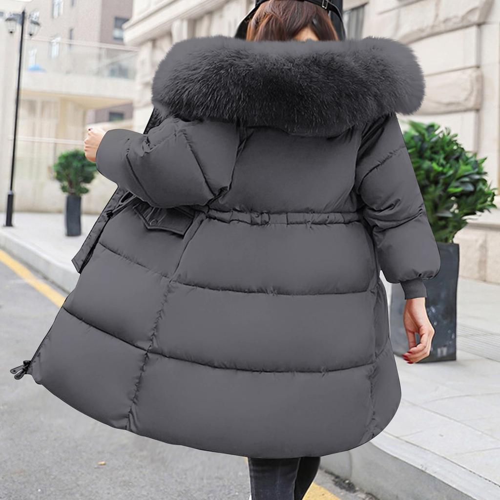 Женская однотонная хлопковая куртка-пуховик средней длины с большим воротником и хлопковой курткой