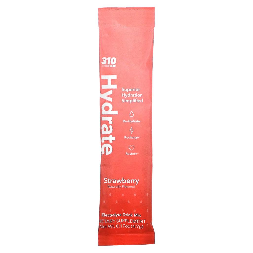 310 Nutrition Hydrate, смесь для приготовления электролитного напитка, клубника, 30 стиков, 4,9 г (0,17 унции) Каждый