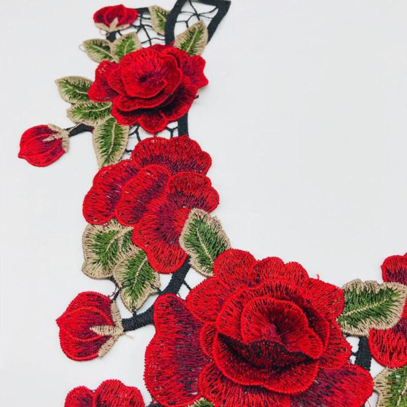 Вышитое красное платье с красными розами и флорой, аппликации, пришитое из кружевной ткани, воротник с вырезом для свадебного украшения, платье «сделай сам»