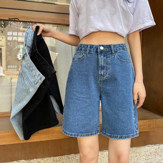 Jeans Length Women Aline Knee Adjustable Buttoned Waist Zipper Closure Plus Size Pockets Vintage Solid Color Loose Lady Denim Shorts Casual Short