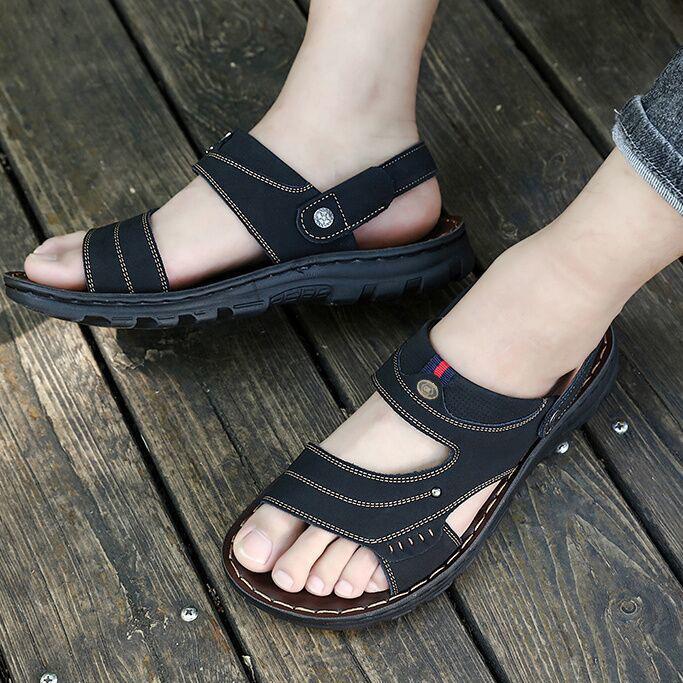 Мужские летние новые сандалии и тапочки, мужские кожаные сандалии для взрослых, пляжная обувь на толстой подошве, нескользящие кожаные сандалии с открытым носком
