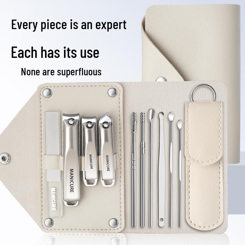10-Piece Portable Manicure Set: Leather Case, Nail Clippers, File, Ear Pick, Cuticle Pusher.