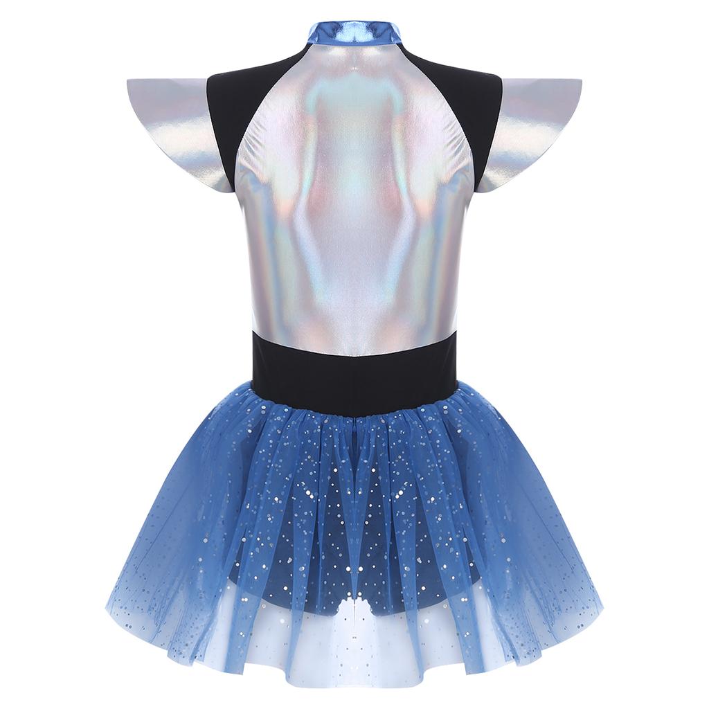 Womens Space Cadet Jumpsuit Flared Sleeve Front Zip Closure Sequined Tulle Skirt Attached Boyshorts Astronaut Cosplay Bodysuit