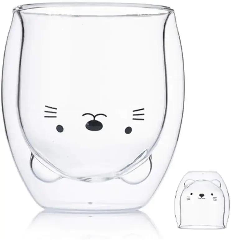 Lovely Glass Mug Transparent Double-Layer Coffee Mug Cartoon Bear Cat Prevent Scald Glass Cup Breakfast Milk Lemon Juice Cup Mug