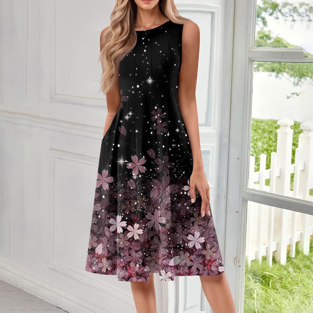 Женское повседневное и модное платье средней длины с круглым вырезом без рукавов и принтом