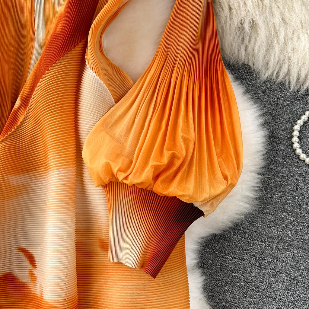 French Senior Temperament Luxury Dress Ladies 2024 Newest O-Neck Ruched Print Tie Dye Design Fashion Chic Long Dress