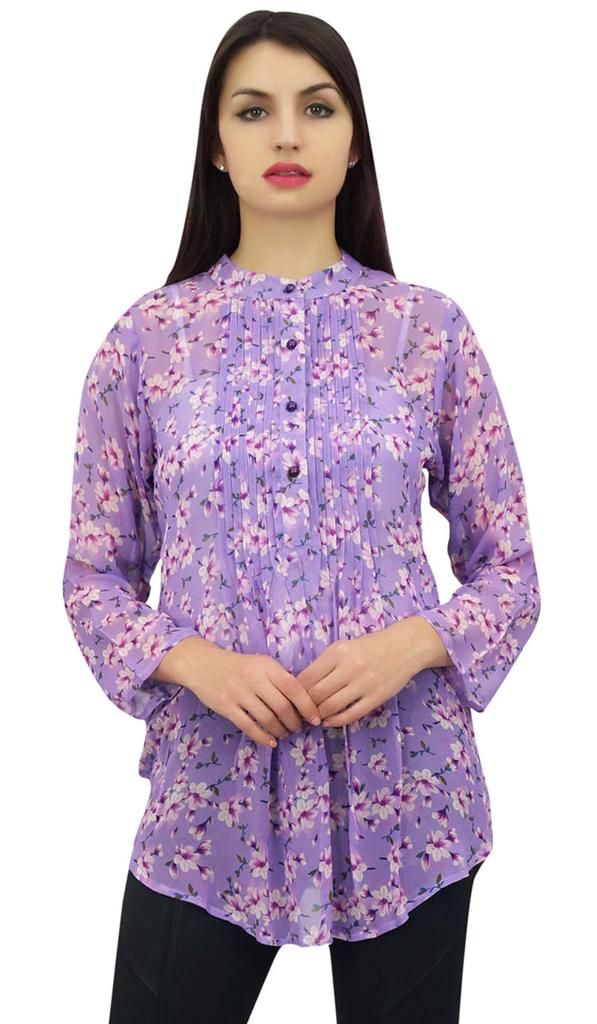 Phagun Women's Purple Floral Digital Printed Georgette Casual Tunic Top