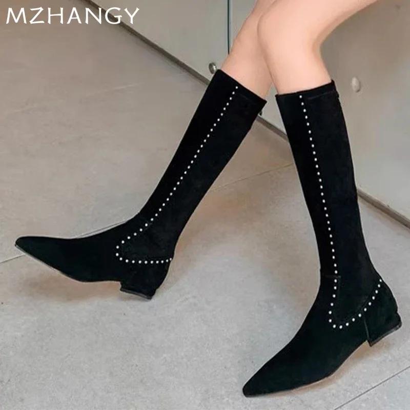 Модные женские сапоги с острым носком, кожаные сексуальные туфли на каблуках, элегантные женские туфли 2024 года, новые модные ботинки «Челси», роскошные женские мотоциклетные сапоги