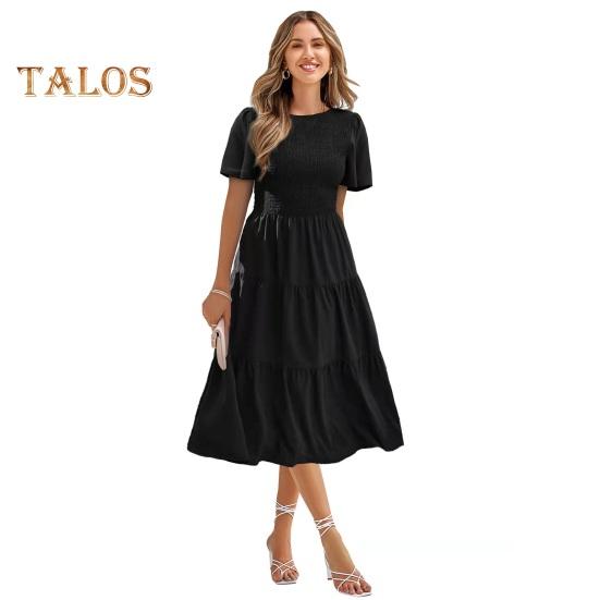 Женское платье миди с короткими рукавами и сборками, летнее длинное плиссированное платье с круглым вырезом, повседневное многослойное струящееся платье А-силуэта