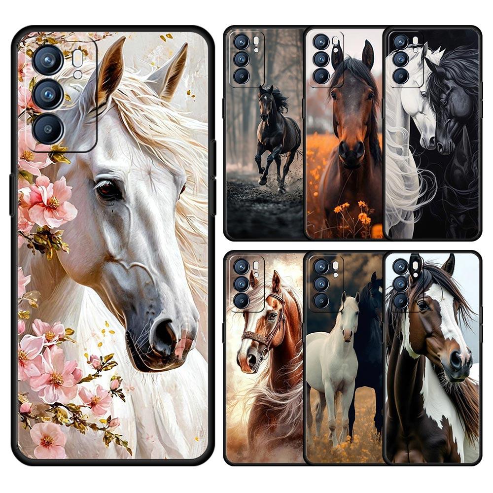 Чехол для Oppo Reno13 Reno12 Reno11 F Reno10 Pro A54 A53 A95 A76 A57 A98 A80 A79 5G A78 4G Cover Черно-белые скачущие лошади