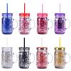 Transparent Glitter Plastic Canned Cup With Handle Double Layer Plastic Mason Bottle Daily Casual Cup With Straw