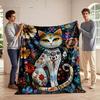 Floral Pattern Cat with Vibrant Botanical Artwork - Flannel Blanket for Bedroom, Living Room, Sofa, and Nap Sofas.