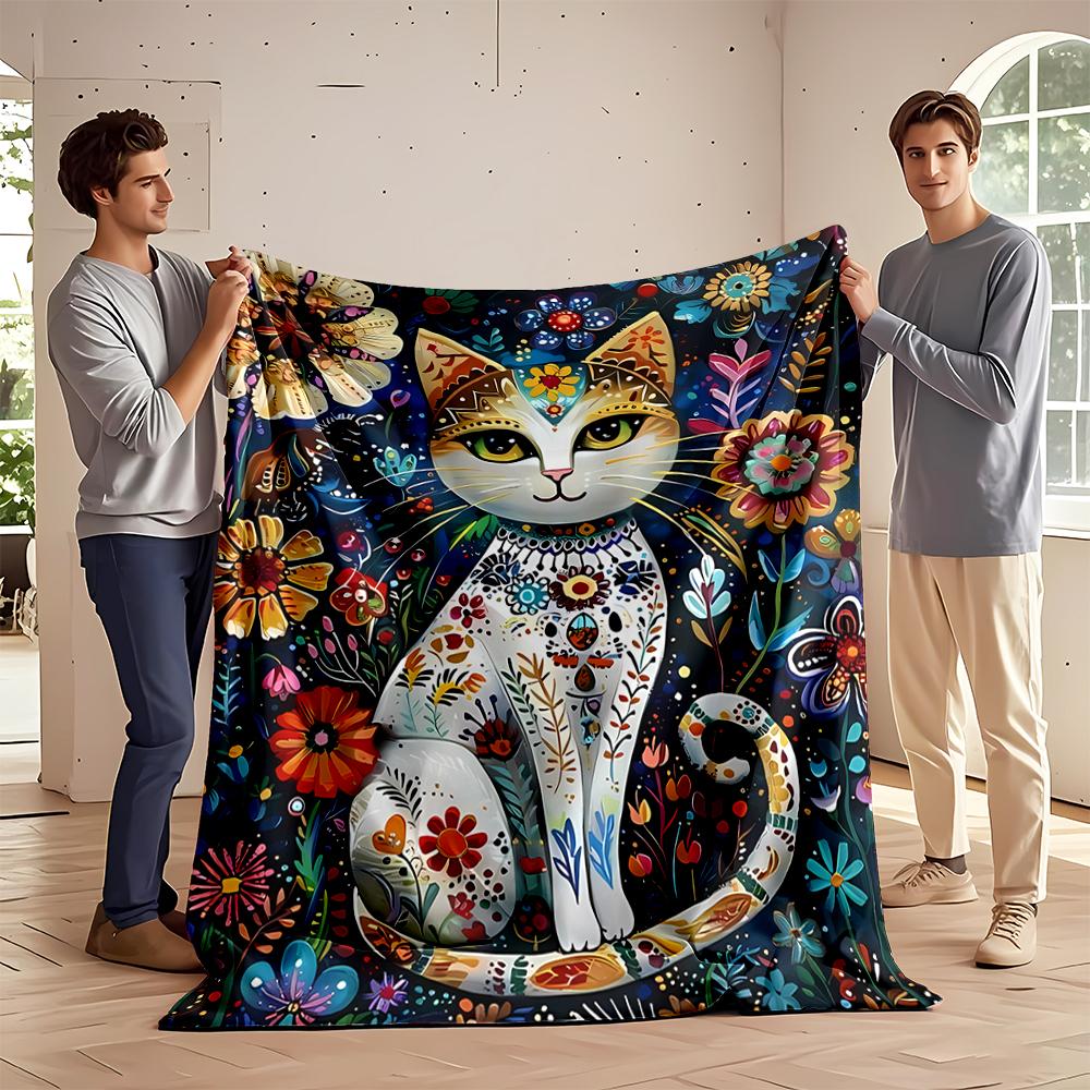 Floral Pattern Cat with Vibrant Botanical Artwork - Flannel blanket for bedroom, living room, sofa, and nap sofas.