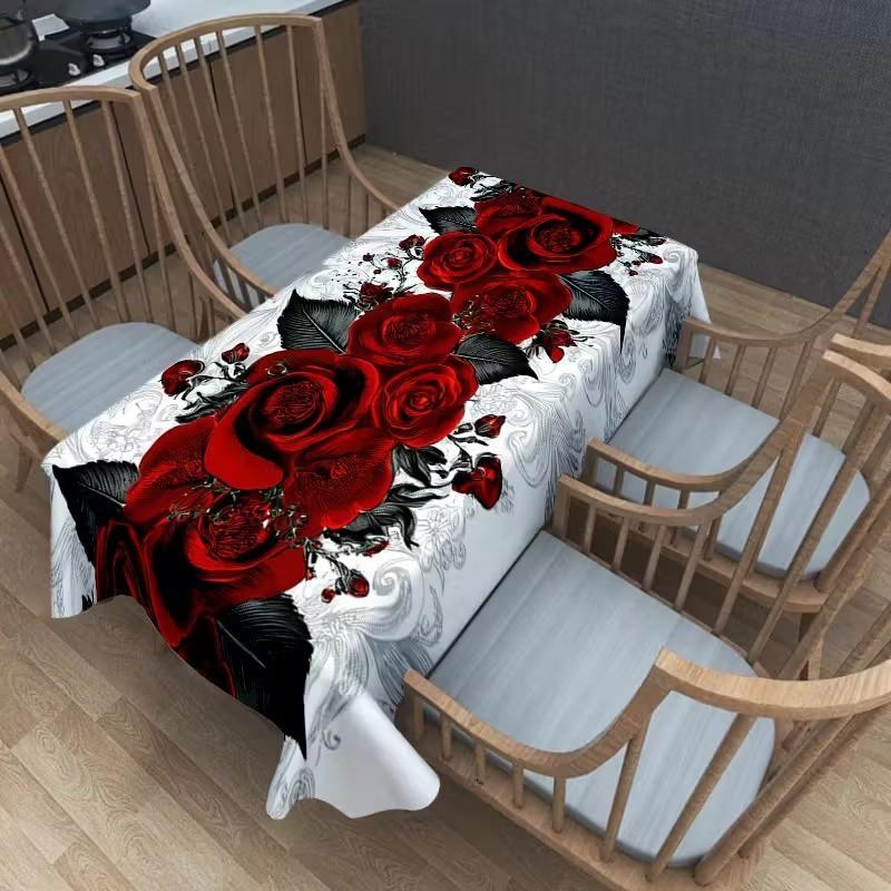 Elegant Heart-Shaped Red Rose Tablecloth Dining Table Waterproof Oil-Resistant Washable Rectangle Cover