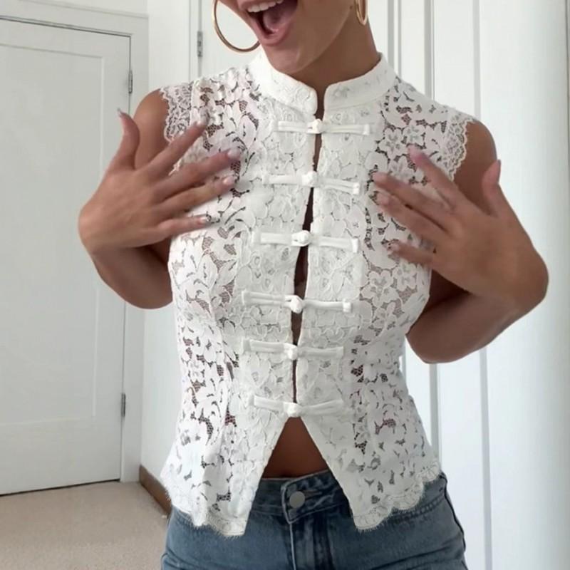 Womens Sleeveless Solid Color Slim Fit Blouse With Lace Cutout Detail Stand Collar Lightweight Top Casual Wear