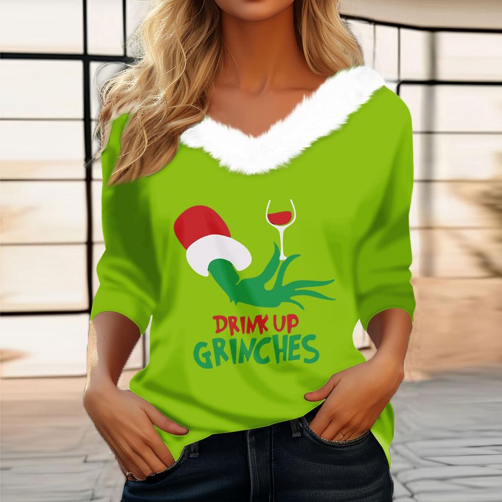 Women's T Shirt Tee Christmas Shirt Long Sleeve Party Christmas Fleece Collar V Neck  Top