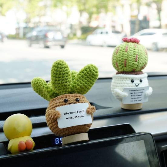 Positive Crochet Ball Cactus with Encouraging Card Emotional Support Handmade Knitting Potted Succulent Doll Toy Decoration Ornament