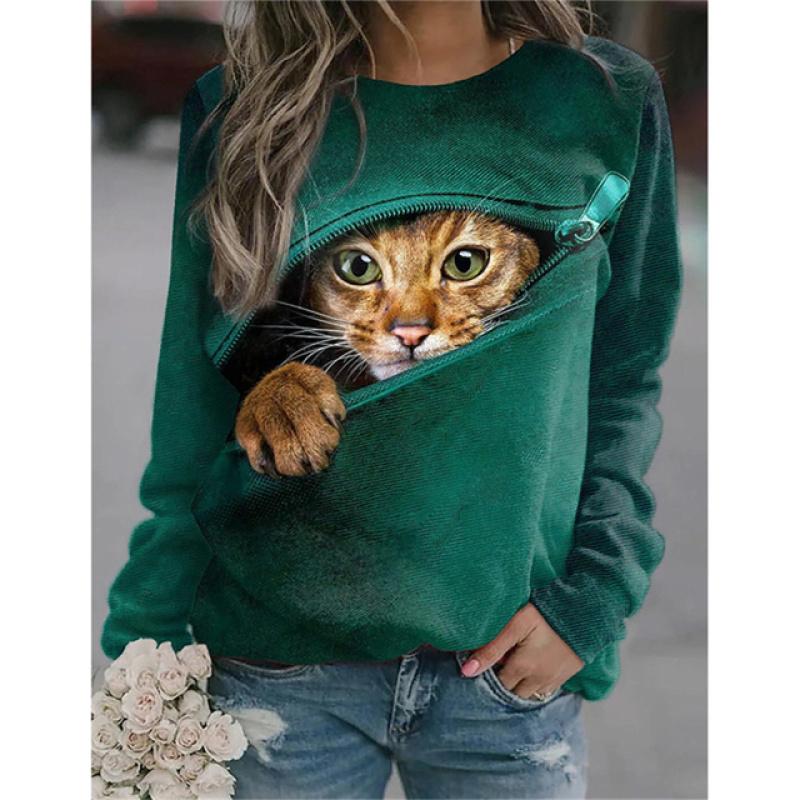 Летняя женская футболка, модная Свободная футболка с 3D принтом Kawaii и котенком, свободная футболка с длинными рукавами и круглым вырезом для девочек, топ, повседневный пуловер