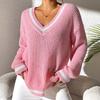 Women's Clothing, College Style, Women's Sweaters, Contrasting Colors, V-neck Loose Sweaters, Casual and Lazy Style, Versatile Women's Clothing