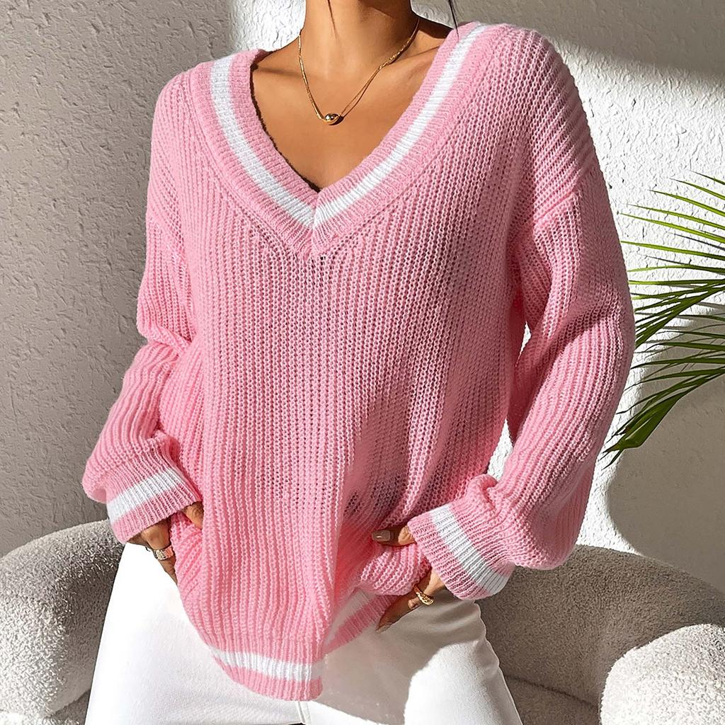 Women's Clothing, College Style, Women's Sweaters, Contrasting Colors, V-neck Loose Sweaters, Casual and Lazy Style, Versatile Women's Clothing
