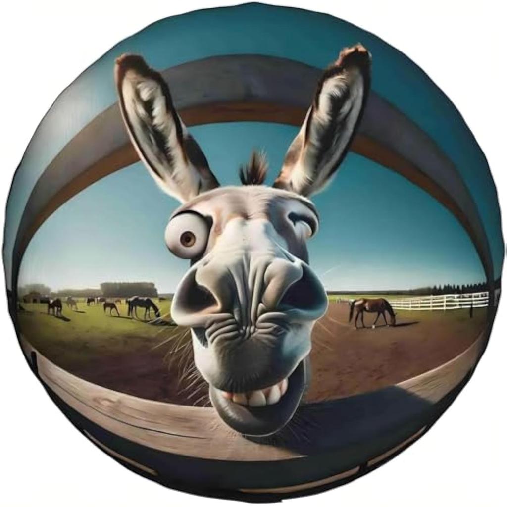 Funny Donkey Face Fisheye Spare Tire Cover Weatherproof Polyester Protector for RV Camper Trailer SUV