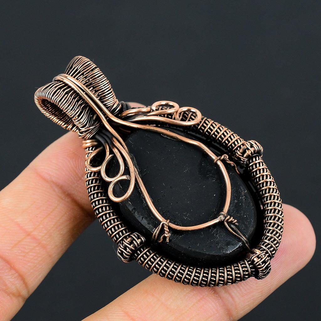 Fancy Black Tourmaline Gemstone Pure Copper Wire Wrapped Handmade Jewelry Pendant