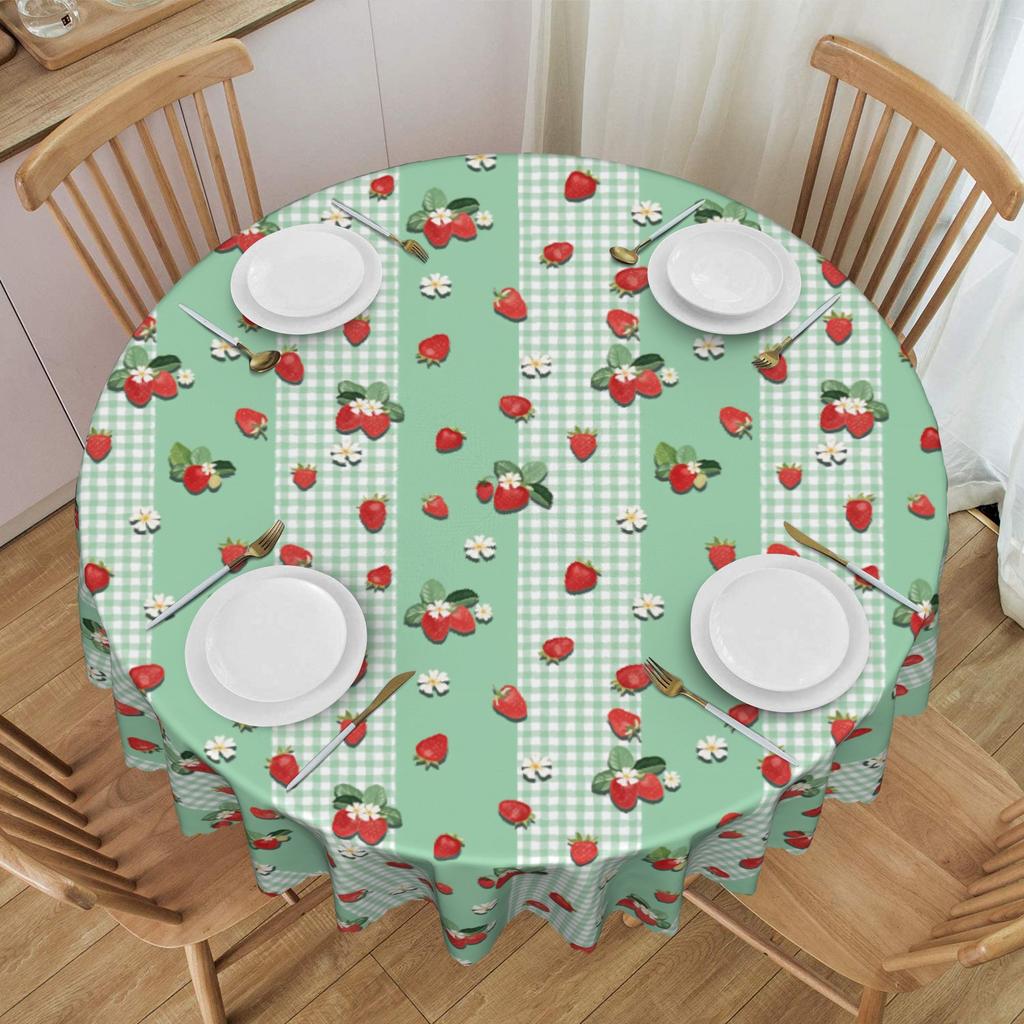 Round Fitted Fruit Strawberry Checkered Table Cloth Oilproof Tablecloth 70 inches Table Cover for Kitchen Dinning