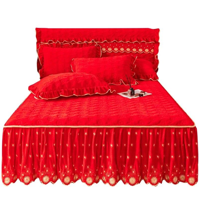 Бархатное покрывало с вышивкой, мягкое покрывало королевского размера, зимняя толстая юбка для королевской кровати с 2 наволочками, домашнее постельное белье
