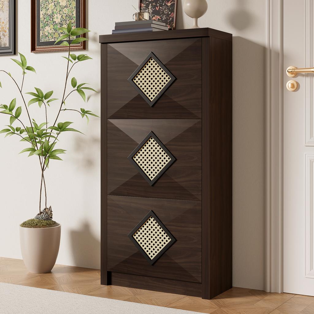 Vintage Shoe Cabinet with Rattan Decor, 3 Flip-Down Compartments, Space-Saving Shoe Cabinet 54x25x115 cm, Hallway Furniture in Modern Farmhouse Style
