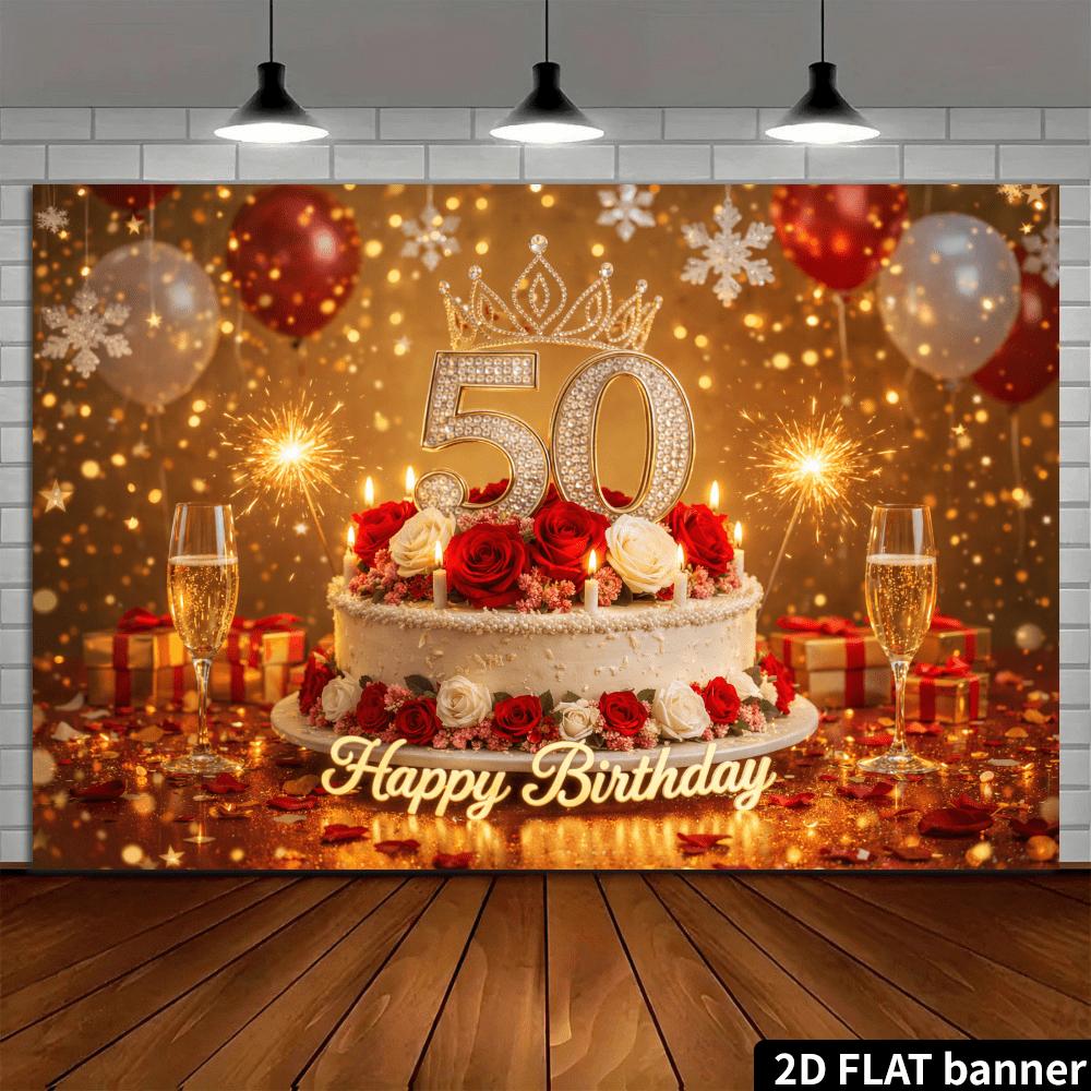 2D plane 50-year-old golden red birthday background cloth jewelry number 50 crown cake stylezyc