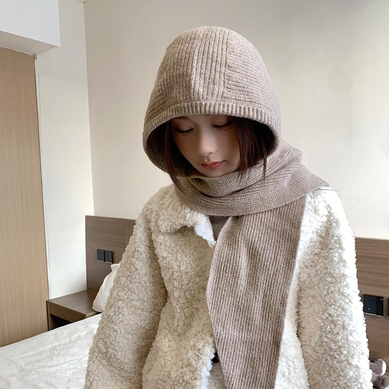 Red Balaclava for Women In Autumn and Winter Warm Ear Protection  Neck Scarf  Woolen Knitted Hat and Scarf All In One