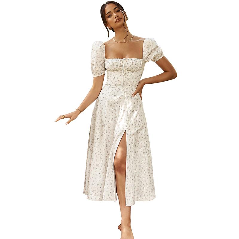 Летнее платье с высокой талией и цветочным принтом на одно плечо, модное платье-фонарик с коротким рукавом и цветочным принтом, элегантное длинное платье со шнуровкой и разрезом 26212